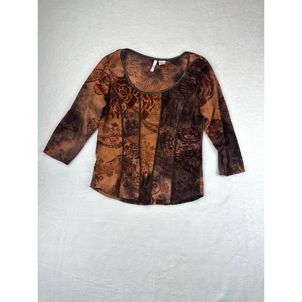 Sami & Jo Blouse‎ Womens L Brown Paisley Velvet Burnout Mesh 3/4 Sleeve Boho